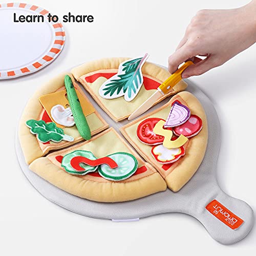 Felt Play Food Pizza Juguetes para niños, niñas, niños, juego de roles con plato, cuchillo, tenedor y bandeja, juego de simulación de bricolaje, peluche, cumpleaños, Navidad, Halloween, regalos