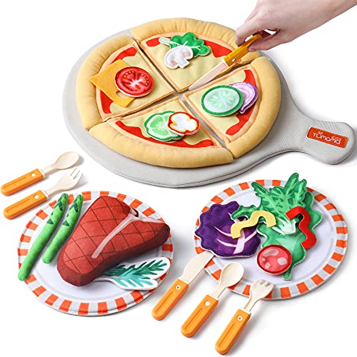 Felt Play Food Pizza Juguetes para niños, niñas, niños, juego de roles con plato, cuchillo, tenedor y bandeja, juego de simulación de bricolaje, peluche, cumpleaños, Navidad, Halloween, regalos