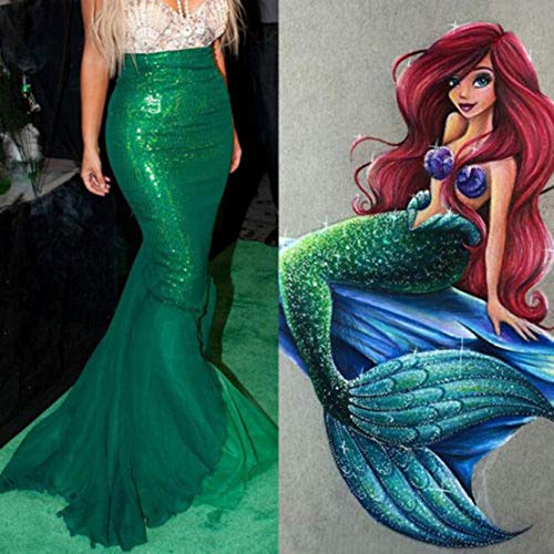 FeMereina Disfraz de Sirena Sexy para Mujer Cosplay de Halloween Lentejuelas Elegantes Vestido de Cola Larga con Panel de Malla Asimétrica para Fiesta de Disfraces (S, Verde-2)