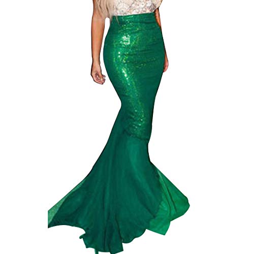 FeMereina Disfraz de Sirena Sexy para Mujer Cosplay de Halloween Lentejuelas Elegantes Vestido de Cola Larga con Panel de Malla Asimétrica para Fiesta de Disfraces (S, Verde-2)