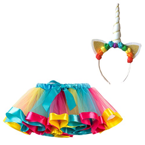 FENICAL Disfraz de Unicornio para Niñas Diadema Unicornio Floral con Oreja y Falda Tutú de Arco Iris Disfraz para Fiesta Azul Cielo Tamaño S