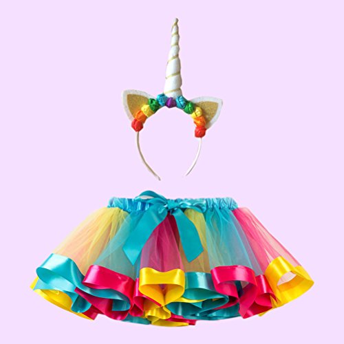 FENICAL Disfraz de Unicornio para Niñas Diadema Unicornio Floral con Oreja y Falda Tutú de Arco Iris Disfraz para Fiesta Azul Cielo Tamaño S