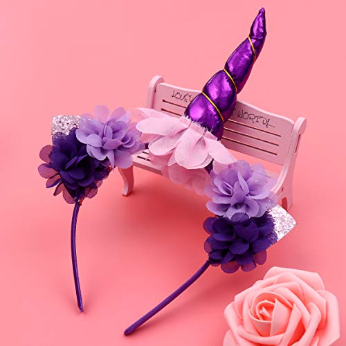 FENICAL Disfraz de Unicornio para Niñas Diadema Unicornio Floral con Oreja y Falda Tutú de Arco Iris Disfraz para Fiesta Púrpura Tamaño M