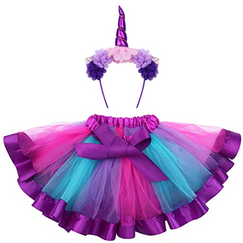 FENICAL Disfraz de Unicornio para Niñas Diadema Unicornio Floral con Oreja y Falda Tutú de Arco Iris Disfraz para Fiesta Púrpura Tamaño M