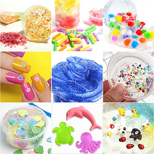 FEPITO 178 Pcs Slime Kit Accesorios incluyendo bolas espuma, bolas pecera, red, cubo esponja, modelo animal, confeti brillo, imitación hoja oro, papel azúcar, contenedores (no contienen limo)