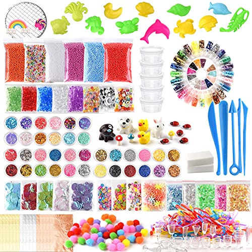 FEPITO 178 Pcs Slime Kit Accesorios incluyendo bolas espuma, bolas pecera, red, cubo esponja, modelo animal, confeti brillo, imitación hoja oro, papel azúcar, contenedores (no contienen limo)