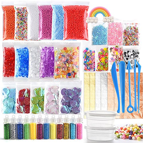 FEPITO 49 pcs slime Kit Incluyendo Bolas Pecera, Bolas Espuma, Bolas Slime, Ojos Temblorosos, Cáscara, Rebanadas, Confeti, Bolas Espuma Lodo, Herramientas Lodo, Hoja Imitación Oro, Contenedores