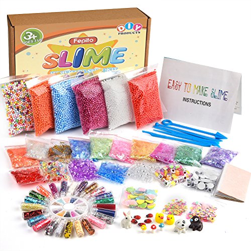 FEPITO 76 PCS slime kit, incluyendo bolas de espuma , bolas de pecera, ojos temblorosos, cáscara, rebanadas, hoja de oro de imitación, confeti, modelos animales (viene con no pegamento)