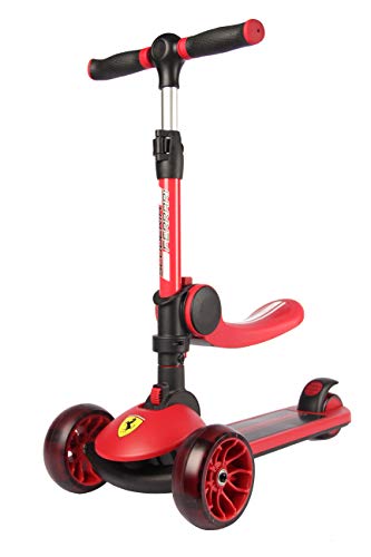 Ferrari Patinete Plegable con Asiento Ajuste de Altura Ruedas LED Que Brillan intensamente Scooter para niños de 3 a 10 años Rojo 50 kg máximo