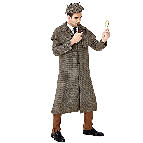 Feynman Disfraz de Sherlock Holmes para adulto, disfraz de detectivo para hombre, disfraz de Dedectiva, abrigo + gorro de detective, talla L