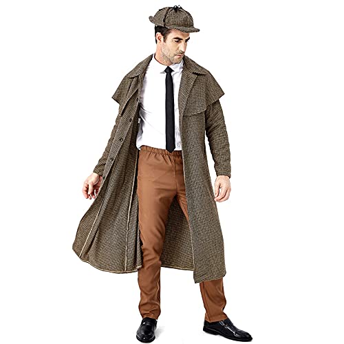 Feynman Disfraz de Sherlock Holmes para adulto, disfraz de detectivo para hombre, disfraz de Dedectiva, abrigo + gorro de detective, talla L