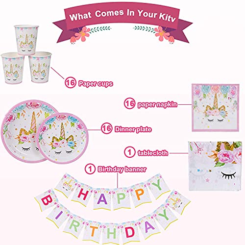 FGen Decoracion Cumpleaños Unicornio, 114PCS Fiestas Infantiles Decoracion, Decoracion Vajilla Completa Lncluye Plato, Taza, Servilleta, Plato, Mantel y Decoración de Pancartas