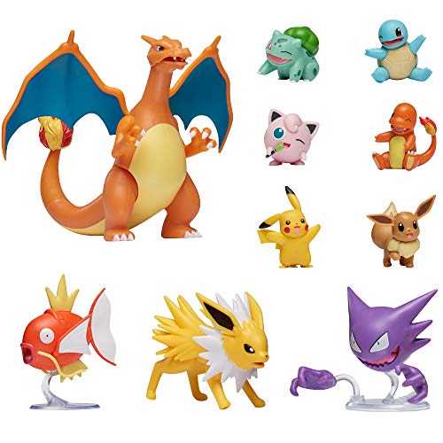 Figuras de Acción Pokémon, Charizard, Magikarp, Haunter, Eevee, Charmander, Squirtle, Pikachu, Bulbasaur, Jigglypuff & Jolteon, Detalles Auténticos Oficiales, Multi Pack de 10