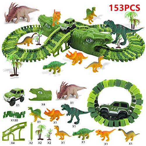 Fiouni Dinosaur Race Track Set para niños, 153 piezas de vías de tren flexibles con un coche de carreras militar / 8 dinosaurios de juguete, regalo de cumpleaños de Navidad para 3 4 años en adelante