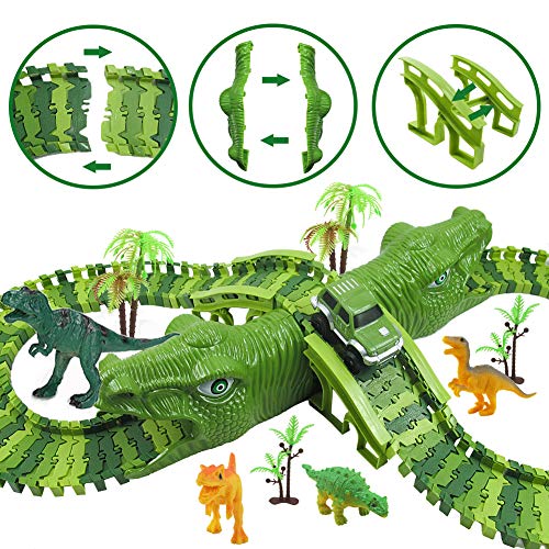 Fiouni Dinosaur Race Track Set para niños, 153 piezas de vías de tren flexibles con un coche de carreras militar / 8 dinosaurios de juguete, regalo de cumpleaños de Navidad para 3 4 años en adelante