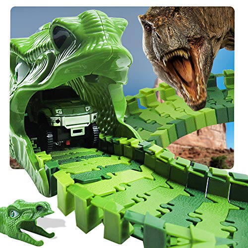 Fiouni Dinosaur Race Track Set para niños, 153 piezas de vías de tren flexibles con un coche de carreras militar / 8 dinosaurios de juguete, regalo de cumpleaños de Navidad para 3 4 años en adelante