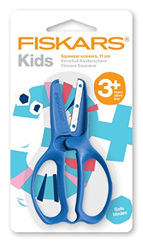 Fiskars Tijeras para Preescolar, A partir de 3 años, Para cortar papel, Longitud: 11 cm, Hoja de acero inoxidable/Mangos de plástico, Rojo o Azul (Entrega aleatoria), 1003855