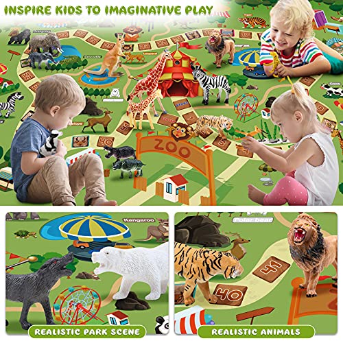 Fivejoy 22PCS Juguetes de Animales, Figura de Animales, Animales de Juguete Salvajes Figuras, Juego Educativo de Animales con Tapete de Juego de Actividades Regalos para Niños Niña 3 4 5 Años