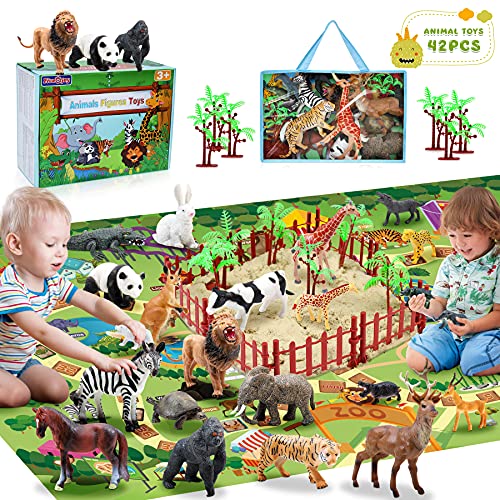 Fivejoy 22PCS Juguetes de Animales, Figura de Animales, Animales de Juguete Salvajes Figuras, Juego Educativo de Animales con Tapete de Juego de Actividades Regalos para Niños Niña 3 4 5 Años