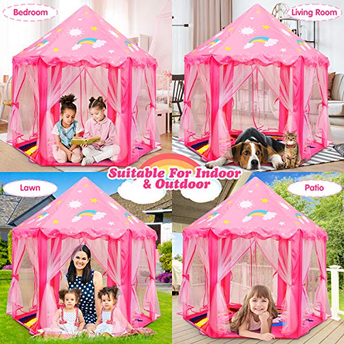 Fivejoy Tienda de Princesa, 55 x 53 Pulgadas Princesa Interior Tiendas, Castillo Princesas, Juego de Castillo Princesa para Niñas, con Luces de Estrellas de 3m, Regalo de Niñas Niños