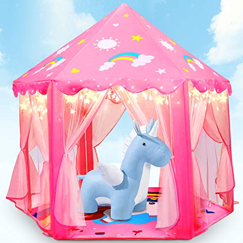 Fivejoy Tienda de Princesa, 55 x 53 Pulgadas Princesa Interior Tiendas, Castillo Princesas, Juego de Castillo Princesa para Niñas, con Luces de Estrellas de 3m, Regalo de Niñas Niños