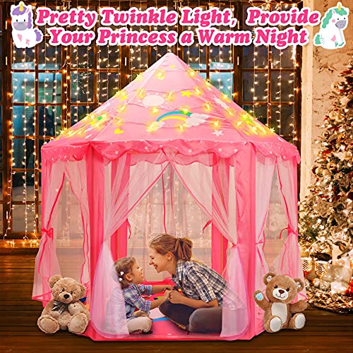 Fivejoy Tienda de Princesa, 55 x 53 Pulgadas Princesa Interior Tiendas, Castillo Princesas, Juego de Castillo Princesa para Niñas, con Luces de Estrellas de 3m, Regalo de Niñas Niños