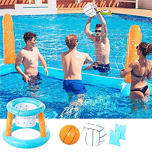 Flotador Inflable Piscina Conjunto Red de Voleibol y Baloncesto de los Aros de Las Bolas de Natación Flotante del Juguete del Juego para niños y Adultos Piscina Voleibol Set