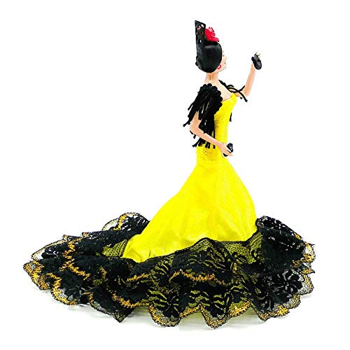 Folk Artesanía Muñeca 20 cm andaluza o Flamenca Vestido con Cola. Similar Marin Dolls. Fabricado en España Edición Limitada (Amarillo Oro)