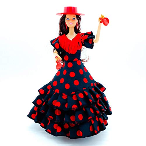 Folk Artesanía Muñeca, Vestido y Accesorios Flamenca andaluza, muñeca Similar Barbie, con Vestido, peineta, Sombrero cordobesa, Pendientes y castañuelas