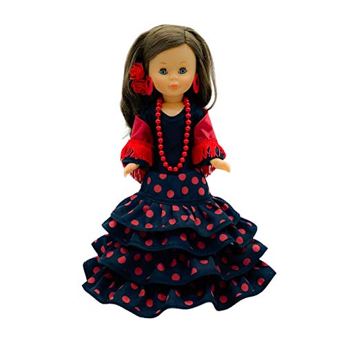 Folk Artesanía Set Vestido Regional, mantón y Percha Flamenca Andaluza Gala con Cola para muñeca Nancy, Sintra, Mina, Noa. Muñeca no incluida.