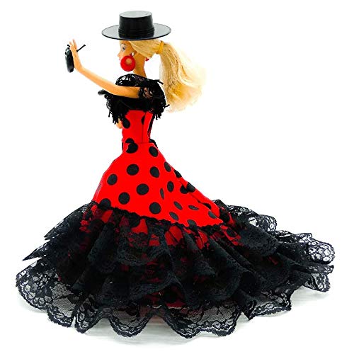 Folk Artesanía Vestido Cola andaluza Flamenca, Pendientes, castañuelas, peinetas, Percha y Sombrero para Barbie. Fabricado en España (Blanco Lunar Rojo)