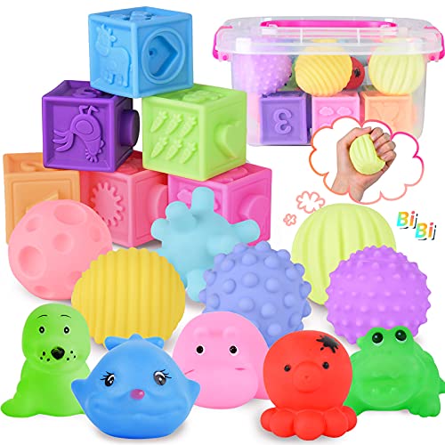 FORMIZON Bolas Sensoriales para Bebés y Bloques Apilables para Bebés Set, 18 Piezas Juguetes Bebe con Bloque, Bolas y Animal, Juguetes de Baño Regalo para los Niños