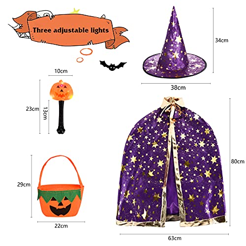 FORMIZON Capa De Mago De Sombrero, Disfraces De Halloween, Capa De Bruja con Bolsa De Caramelos, Infantil Capa, Juego De Roles Vestir para Unisex NiñOs NiñAs Disfraz De Cosplay Fiesta (Púrpura)