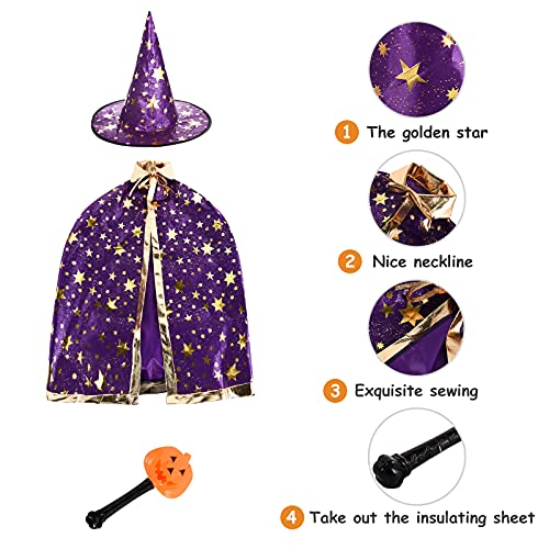 FORMIZON Capa De Mago De Sombrero, Disfraces De Halloween, Capa De Bruja con Bolsa De Caramelos, Infantil Capa, Juego De Roles Vestir para Unisex NiñOs NiñAs Disfraz De Cosplay Fiesta (Púrpura)