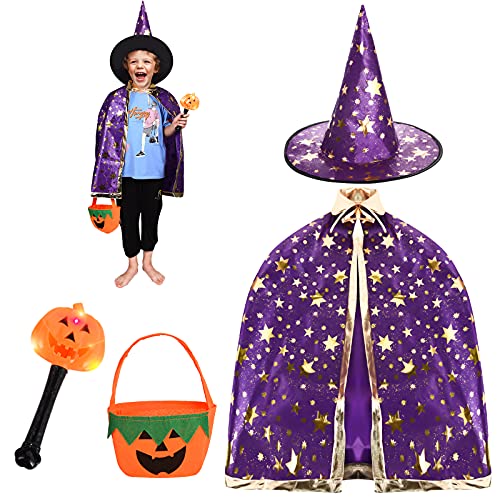 FORMIZON Capa De Mago De Sombrero, Disfraces De Halloween, Capa De Bruja con Bolsa De Caramelos, Infantil Capa, Juego De Roles Vestir para Unisex NiñOs NiñAs Disfraz De Cosplay Fiesta (Púrpura)