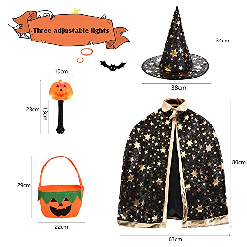 FORMIZON Capa De Mago De Sombrero, Disfraces De Halloween, Capa De Bruja con Bolsa De Caramelos, Infantil Capa, Juego De Roles Vestir para Unisex NiñOs NiñAs Disfraz De Cosplay Fiesta (Negro-1)