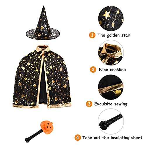 FORMIZON Capa De Mago De Sombrero, Disfraces De Halloween, Capa De Bruja con Bolsa De Caramelos, Infantil Capa, Juego De Roles Vestir para Unisex NiñOs NiñAs Disfraz De Cosplay Fiesta (Negro-1)