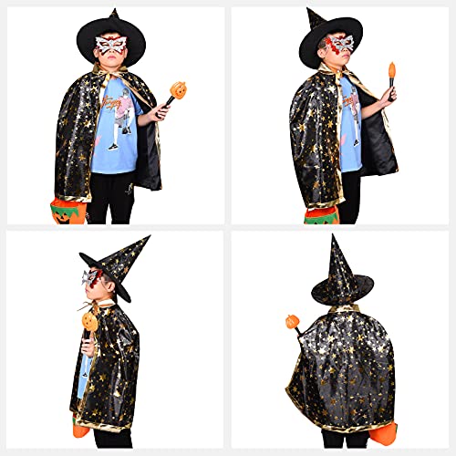 FORMIZON Capa De Mago De Sombrero, Disfraces De Halloween, Capa De Bruja con Bolsa De Caramelos, Infantil Capa, Juego De Roles Vestir para Unisex NiñOs NiñAs Disfraz De Cosplay Fiesta (Negro-1)