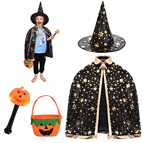 FORMIZON Capa De Mago De Sombrero, Disfraces De Halloween, Capa De Bruja con Bolsa De Caramelos, Infantil Capa, Juego De Roles Vestir para Unisex NiñOs NiñAs Disfraz De Cosplay Fiesta (Negro-1)