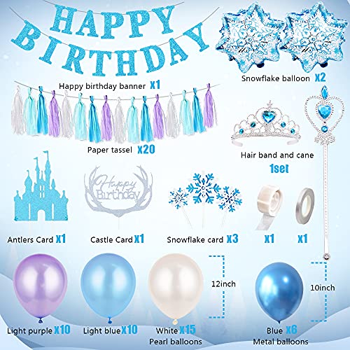 Frozen Decoración Cumpleaños para Niña, Frozen Globo Fiesta Banner Globos de Feliz Cumpleaños Globo Copos de Nieve Frozen Decoración con Princesa Tiara Corona Cetro para Niña