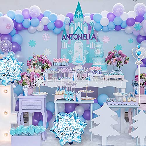 Frozen Decoración Cumpleaños para Niña, Frozen Globo Fiesta Banner Globos de Feliz Cumpleaños Globo Copos de Nieve Frozen Decoración con Princesa Tiara Corona Cetro para Niña