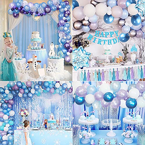 Frozen Decoración Cumpleaños para Niña, Frozen Globo Fiesta Banner Globos de Feliz Cumpleaños Globo Copos de Nieve Frozen Decoración con Princesa Tiara Corona Cetro para Niña