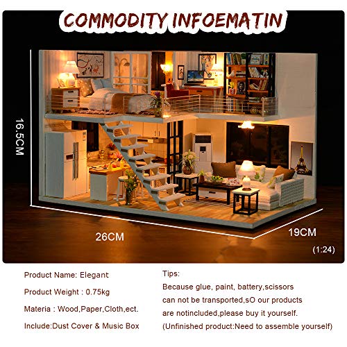 Fsolis Casa de Muñecas en Miniatura de Bricolaje con Mueble, Casa en Miniatura de Madera 3D con Cubierta Antipolvo y Movimiento Musical, Kit de Regalo Creativo de Casas para Muñecas-Elegant