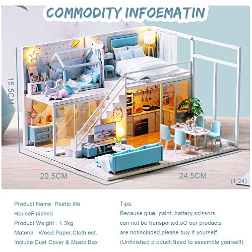 Fsolis Casa de Muñecas en Miniatura de Bricolaje con Mueble, Casa en Miniatura de Madera 3D con Cubierta Antipolvo y Movimiento Musical, Kit de Regalo Creativo de Casas para Muñecas-Poetic Life