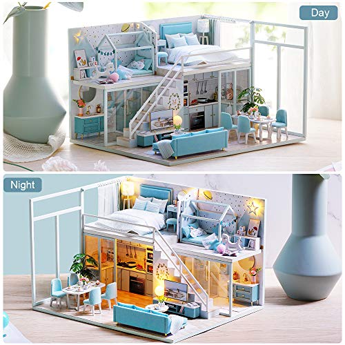 Fsolis Casa de Muñecas en Miniatura de Bricolaje con Mueble, Casa en Miniatura de Madera 3D con Cubierta Antipolvo y Movimiento Musical, Kit de Regalo Creativo de Casas para Muñecas-Poetic Life