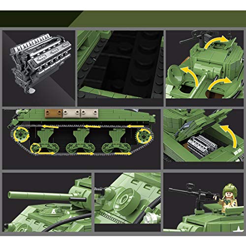 Fujinfeng Tanque Militar Juguete, 726 Piezas Tank Toy Juego de Construcción - Compatible con Lego (Este Producto no es Creado ni Vendido por Lego) - ww2 Swat V12 Engine Sherman M4A1 Tank