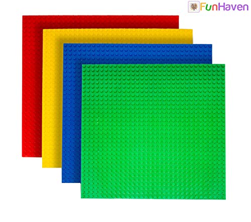 FunHaven Paquete de 4 Placas Base Grandes para Construcción de Ladrillos 32 x 32 Espigas o 25 x 25 cm | Compatible con Las Principales Marcas (Azul, Verde, Rojo, Amarillo)