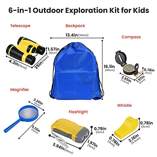 Funmo Kit Explorador niños, Set de Aventura Natural para Niños, Kit de Exploración para Niños 6 en 1, Prismáticos, Linterna LED de Mano, Brújula, Lupa, Silbato, Mochilla de Colección