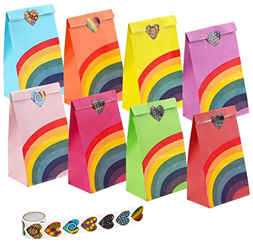 Funny House 40 PCS Bolsa de Fiesta Arco Iris, Papel Regalo Bolsas con 100 PCS Pegatina de Forma de Corazon , Fiesta de Cumpleaños Favores Bolsas para Niños Suministros Fiesta de Cumpleaños