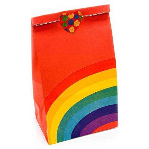 Funny House 40 PCS Bolsa de Fiesta Arco Iris, Papel Regalo Bolsas con 100 PCS Pegatina de Forma de Corazon , Fiesta de Cumpleaños Favores Bolsas para Niños Suministros Fiesta de Cumpleaños